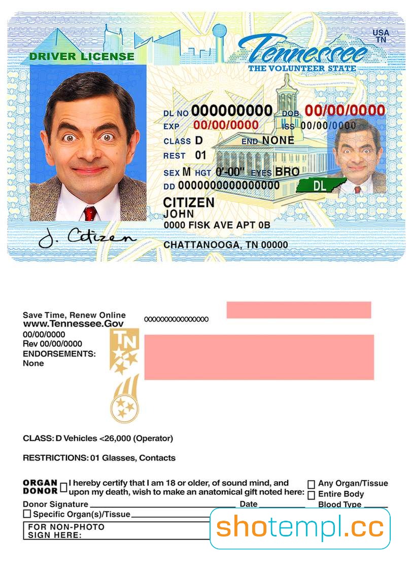 Tennessee Driver License PSD Template V1
